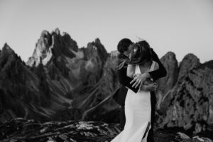 Cadini di Misurina Sunrise Elopement black and white artsy photo with couple embracing