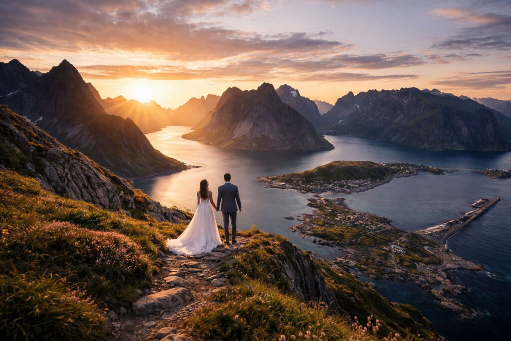 Sunset hiking elopement with bride and groom holding hands