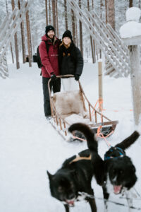 Akaslompolo Finland Winter adventure Engagement while dogsledding