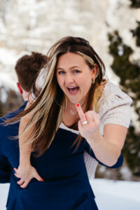 Passo Gardena Dolomites Winter Engagement, woman showing off engagement ring