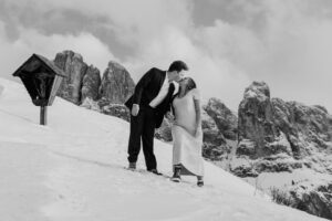 Passo Gardena Dolomites Winter Engagement, black and white with Odle range in the background