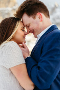 Passo Gardena Dolomites Winter Engagement, close up of couple smiling
