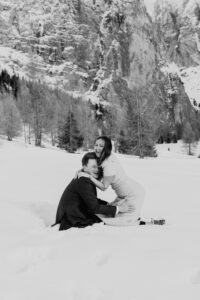 Passo Gardena Dolomites Winter Engagement, black and white tripping in the snow