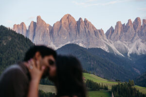 Close up of Odle range from Val di Funes after proposal during sunset