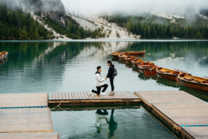 Asian couple getting engaged at Lago di Braies