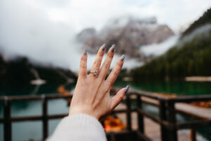 Ring shot on hand of bride to be at Pragser Wildsee