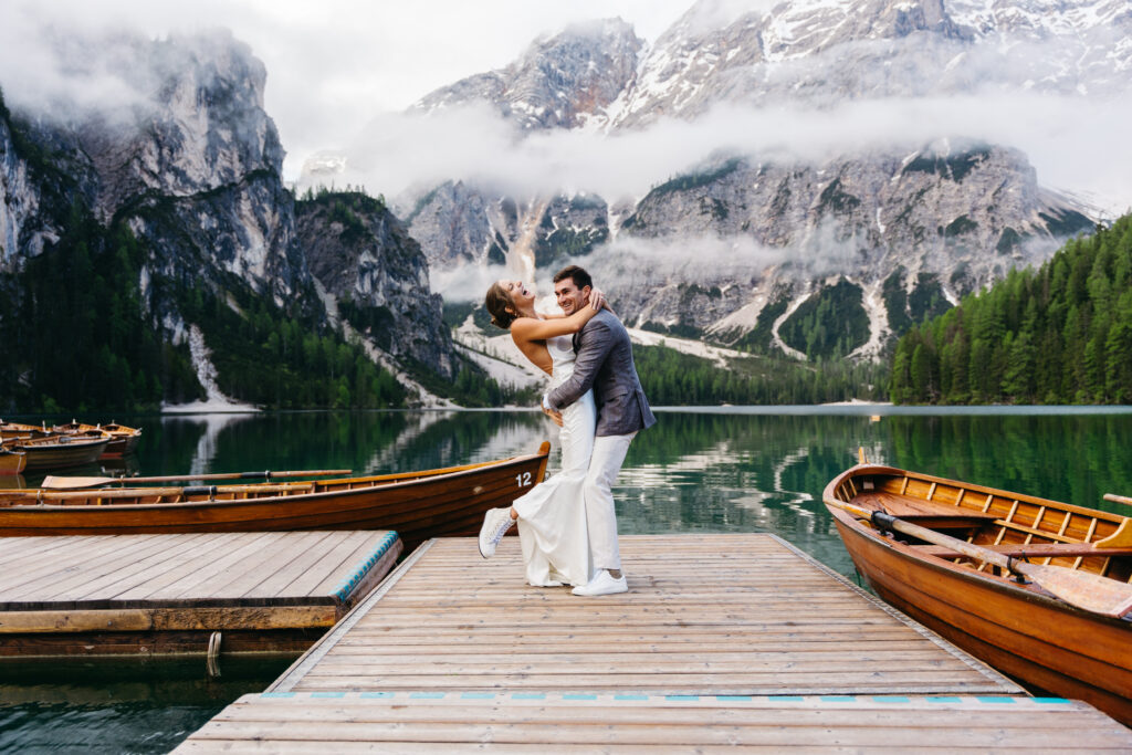 Couple laughing at Prager Wildsee engagement session
