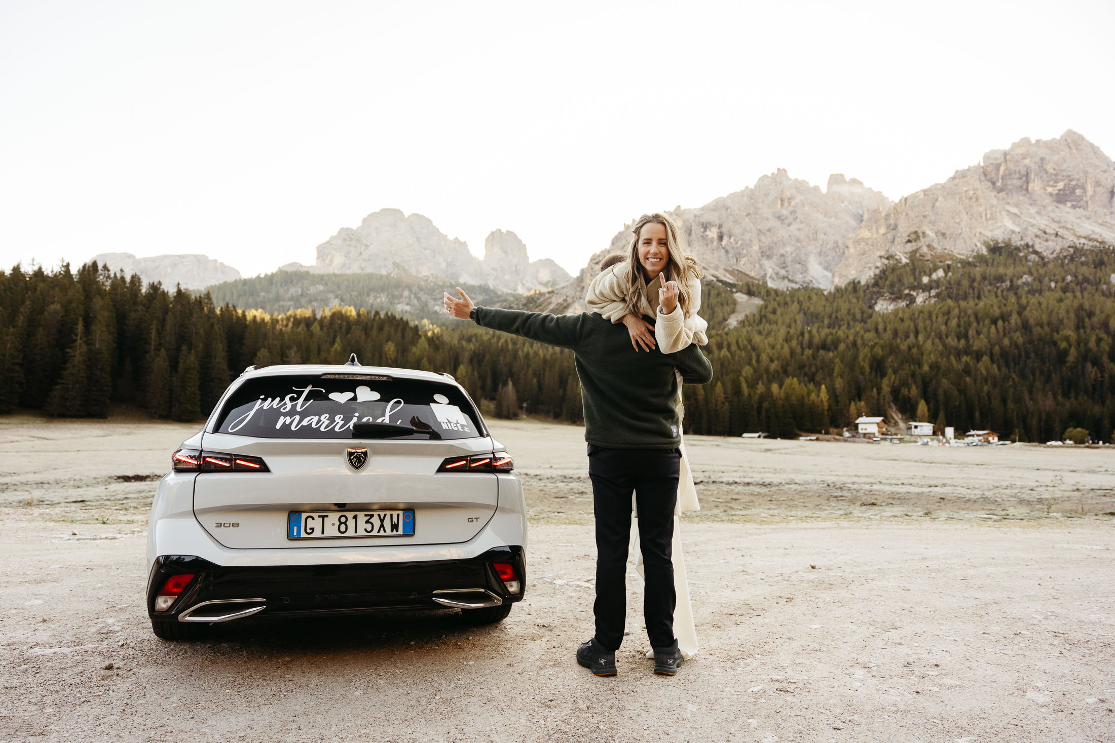 Bride and groom after they got married at Lago di Braies