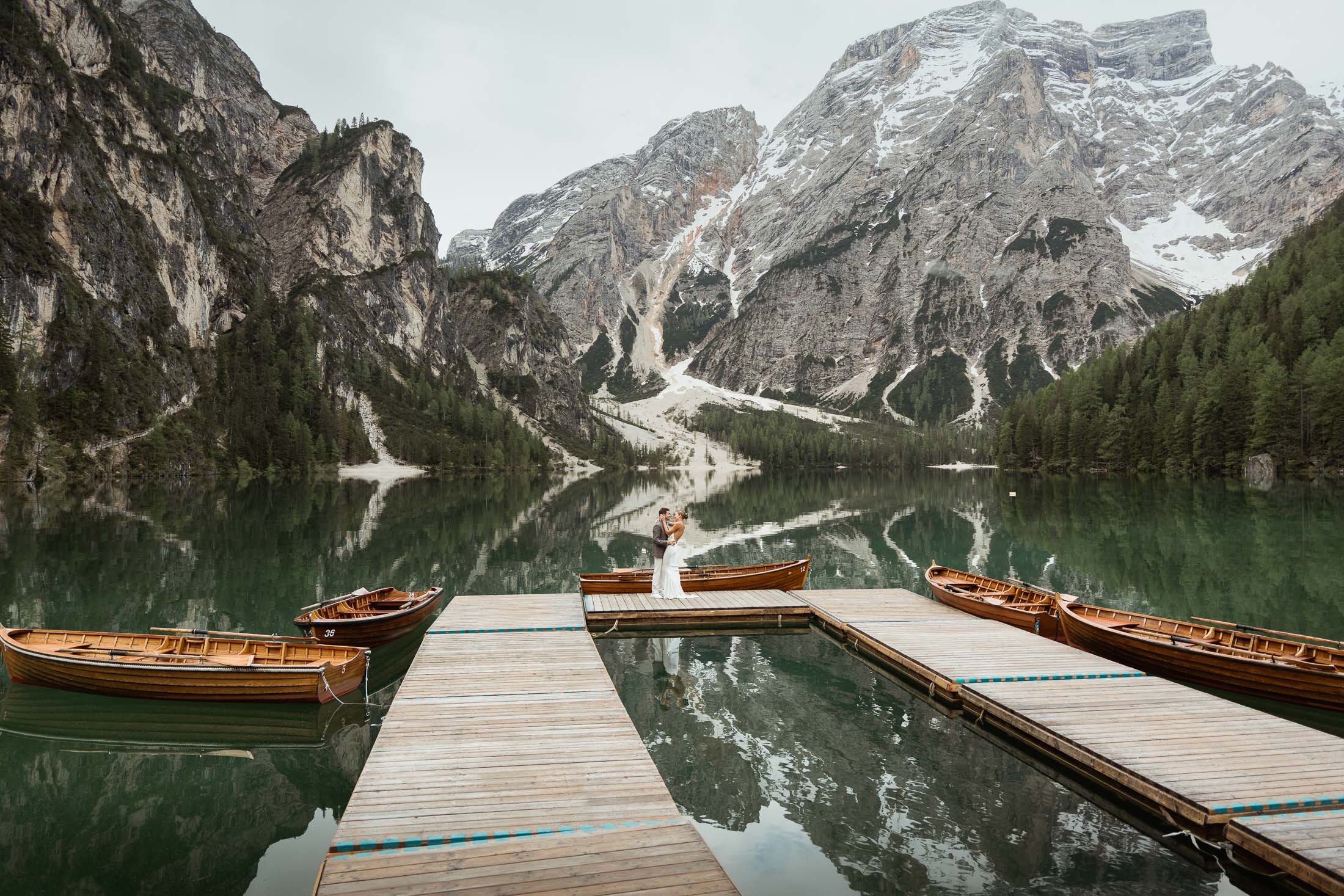 Bride and groom on their multi day elopement at Lago di braies