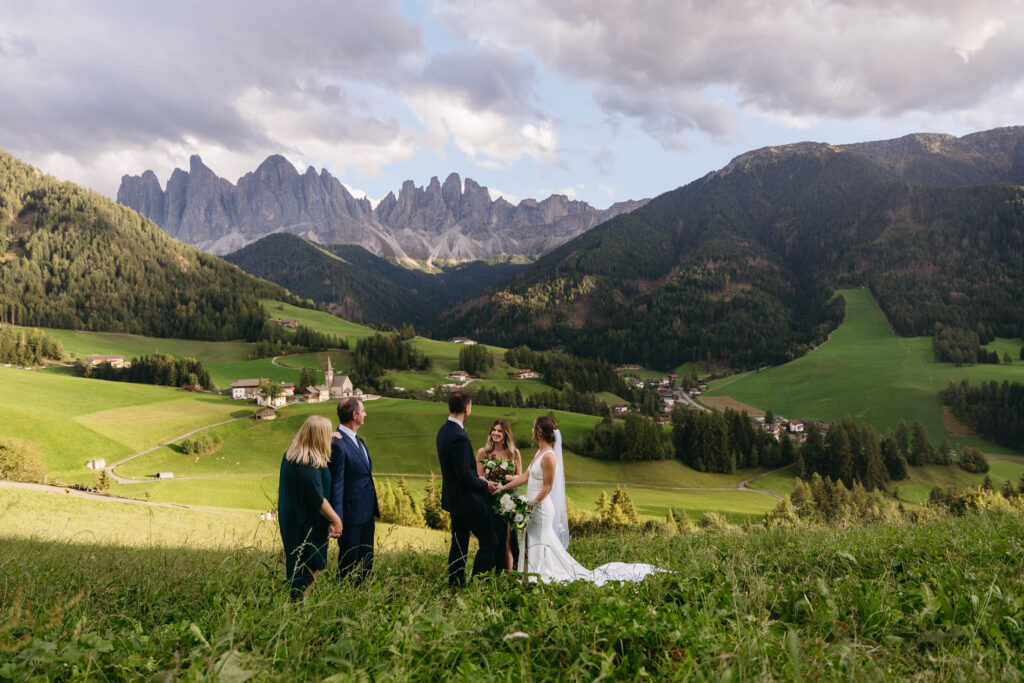 Family celebrating bride and grooms elopement in the Dolomites at Val di Funes