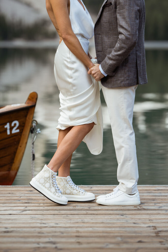 Bride and groom footwear on their elopement day at Lago di Braies