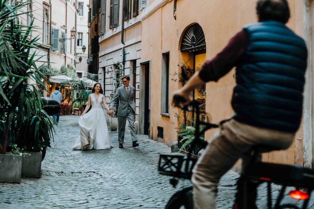 Bride and groom in the streets of Romania