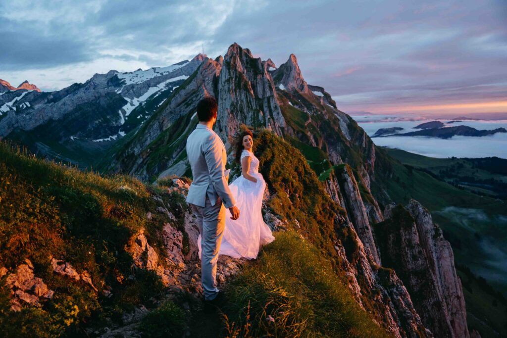 Bride and groom at sunset at Schafler in Switzerland