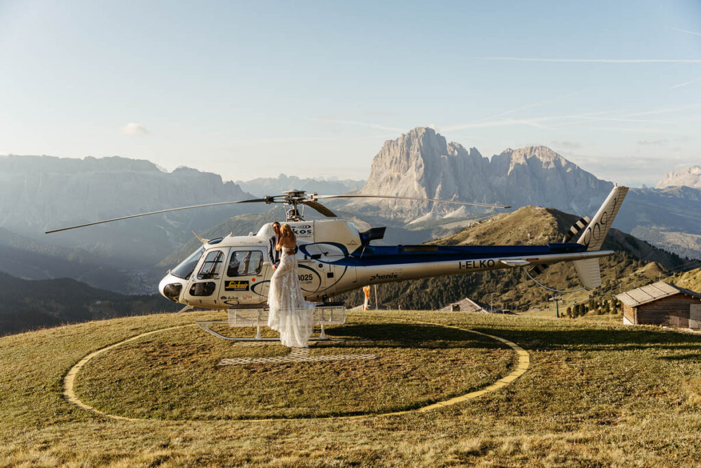 Bride and groom planned helicopter elopement on Seceda in the Dolomites