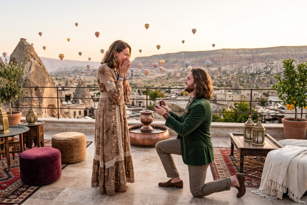 Adventurous couple in Cappadocia, man is proposing to woman with hot air balloons in the background