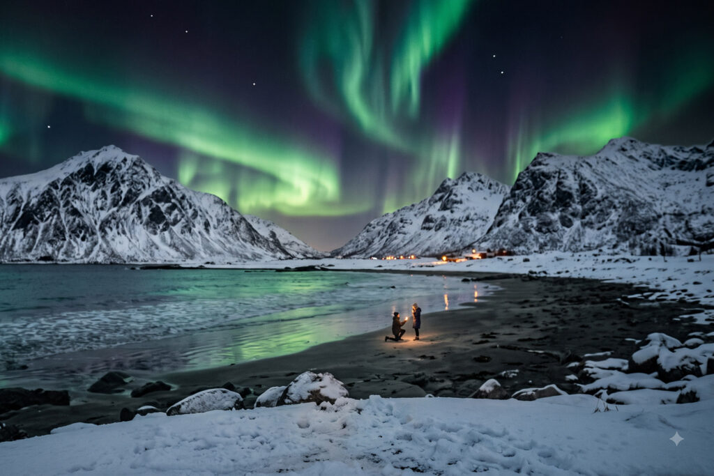 Man proposing to girl with northern lights in Lofoton, in an adventurous proposal