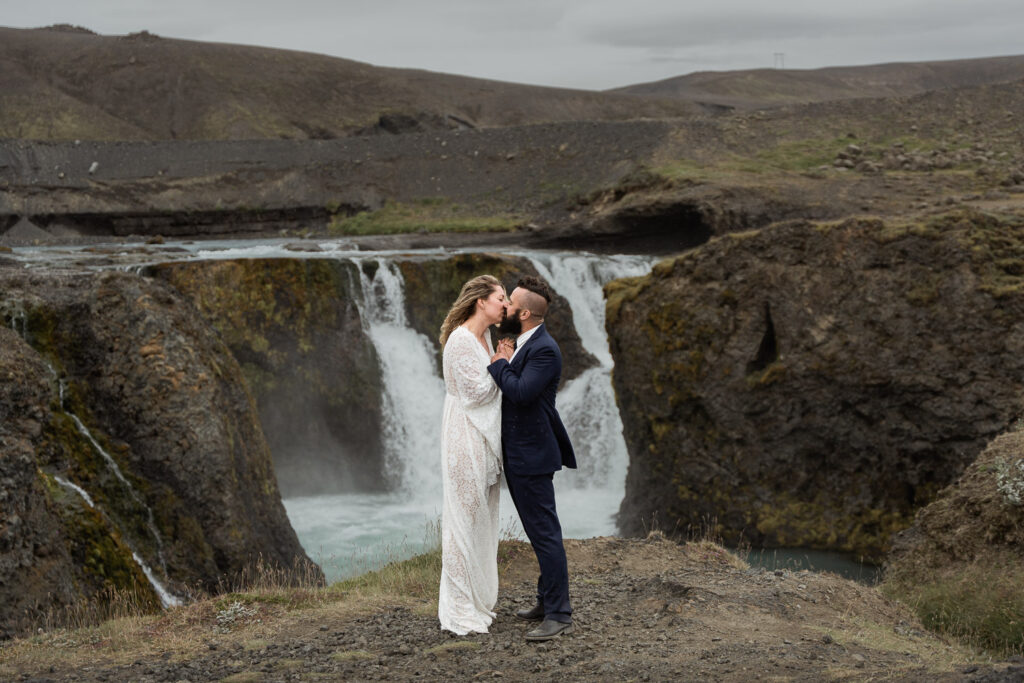 Bride and groom at Sigöldufoss, Iceland is one of the top 10 elopement destinations in Europe