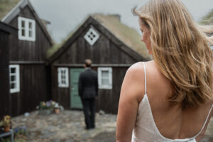Bride about to do first look with groom in Tórshavn Faroe Islands for their elopement