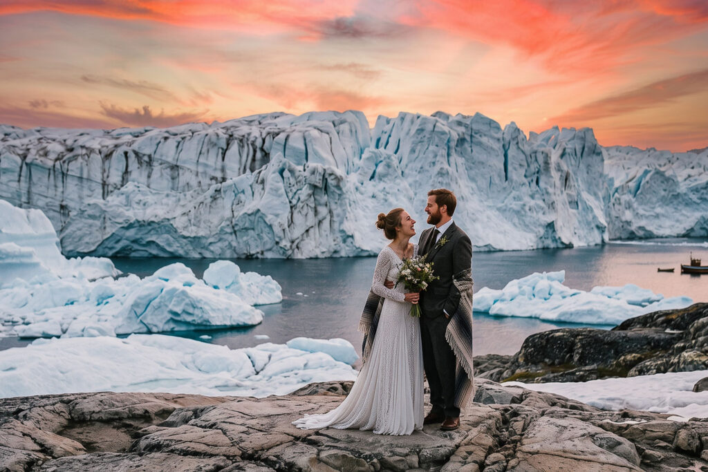 Bride and groom eloping in Greenland in front of icebergs, one of the top 10 destinations to elope in Europe