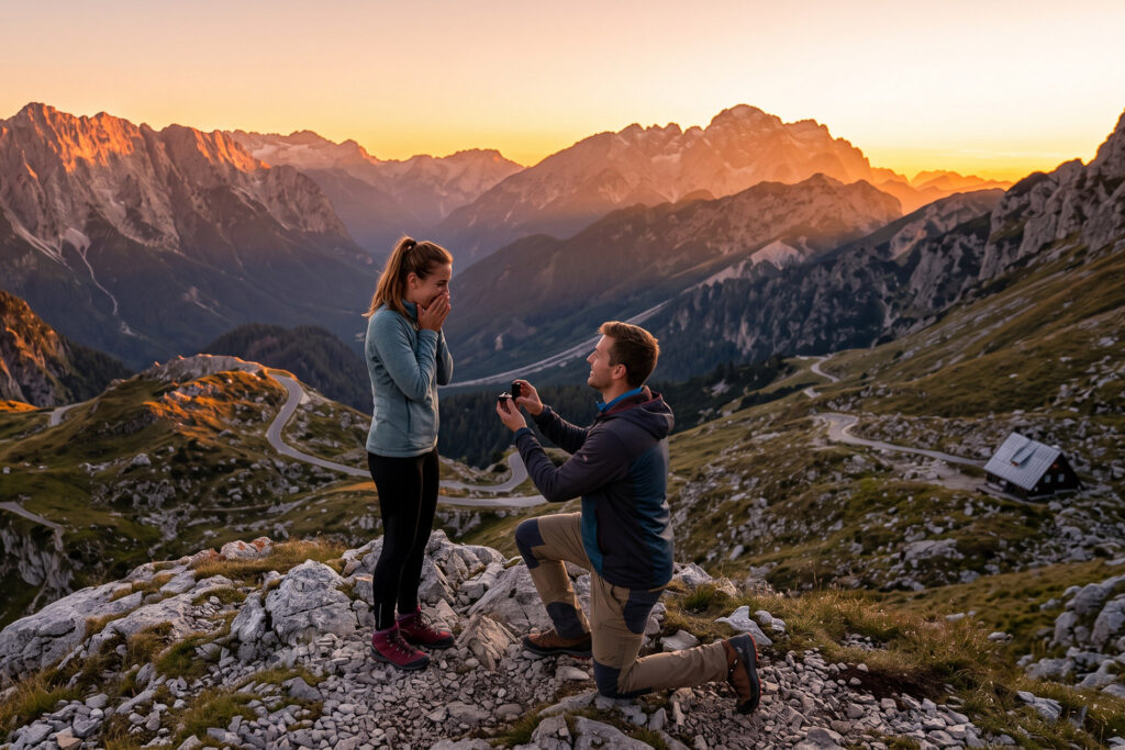 Groom on the knee proposing to girlfriend at Mangart Saddle, one of the best places to propose in Europe