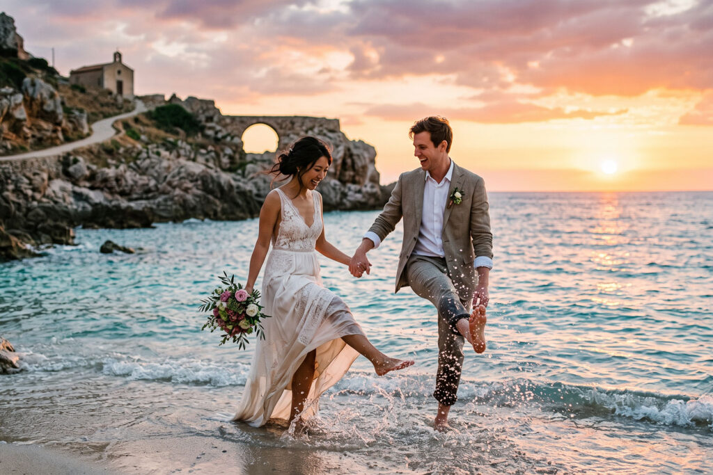 Bride and groom kicking water during Sardinia elopement, one of the top 10 places to elope in Europe